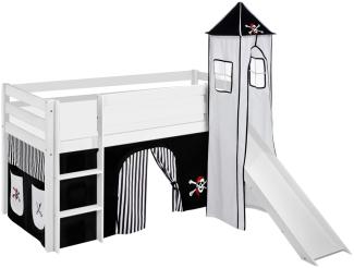 Lilokids 'Jelle' Spielbett 90 x 190 cm, Pirat Schwarz Weiß, Kiefer massiv, mit Turm, Rutsche und Vorhang