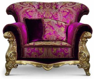Casa Padrino Luxus Barock Sessel Lila / Gold - Barockstil Wohnzimmer Sessel mit elegantem Muster - Barock Möbel - Barock Wohnzimmer & Hotel Möbel - Luxus Qualität - Made in Italy