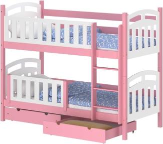 WNM Group Hochbett mit Rausfallschutz und 2 Schubladen Suzie - aus Massivholz - Kinderbett für Mädchen und Jungen - Absturzsicherung Kinderhochbetten 160x80 cm - Rosa
