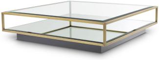 Casa Padrino Luxus Couchtisch Messingfarben / Schwarz 120 x 120 x H. 30 cm - Quadratischer Edelstahl Wohnzimmertisch mit Spiegelglas und Glasplatte - Wohnzimmer Möbel - Luxus Qualität