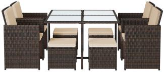 Balkonmöbel, Gartenmöbel-Set, Esszimmermöbel, Esstisch und Stühle, 9er Set, aus PE-Rattan, Terrassenmöbel, Couchtisch mit Glasoberfläche, mit Kissen, platzsparend, braun-beige GGF009K02