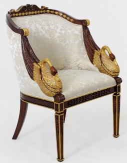 Casa Padrino Luxus Barock Sessel Silber / Cremefarben / Dunkelbraun / Gold - Handgefertigter Wohnzimmer Sessel mit elegantem Muster und dekorativen Schwänen - Barock Möbel - Edel & Prunkvoll