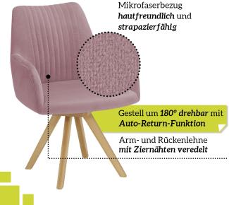 smart 6er Set drehbare Esszimmerstühle mit Armlehnen - Bezug Mikrofaser Rosa, 180° drehbar mit Auto-Return-Funktion - Massivholz Stuhlbeine - Küchenstuhl, Polsterstuhl mit Schaumstofffüllung