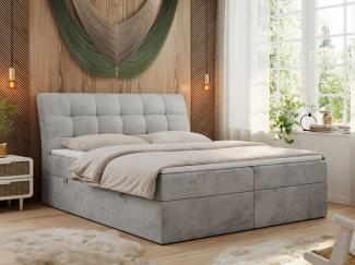 Boxspringbett Polsterbett mit Multipocket-Matratze und Topper - DIEGOS - 200x200cm - Hellgrau Velours - H4