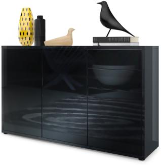 Vladon Sideboard Ben V3, Kommode mit 3 Türen und 2 Schubladen, Schwarz Hochglanz/Schwarz Hochglanz (117 x 74 x 36 cm)
