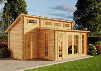 Alpholz Gartenhaus Lausitz ISO mit Anbau Gartenhaus aus Holz in Braun Holzhaus mit 70 mm Wandstärke Blockbohlenhaus mit Montagematerial