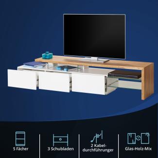 KHG Großes TV-Lowboard mit 3 Schubladen & 4 offenen Fächern, TV-Bank aus weißem Hochglanz-Holzwerkstoff foliert, Fernsehtisch im modernen Look - 204 x 44 x 40 cm (B/H/T)