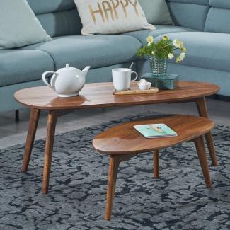 FineBuy Design Couchtisch 2er Set Massivholz Wohnzimmertisch, Satztisch Holztisch Nierenform Kaffeetisch, Retro Tischset 2-teilig Beistelltisch Holz Braun