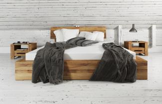 Bett Lubic 2 Sonderlänge 80x220 Wildeiche mit Holzkopfteil und Holzfußgestell