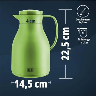 KHG Isolierkanne 1 Liter Lime-Grün Grün, Quick Press & Drehverschluss, außen Kunststoff matt, innen Glas BPA-frei, Thermoskanne 1l für heiße & kalte Getränke mit präzisem Ausgießer