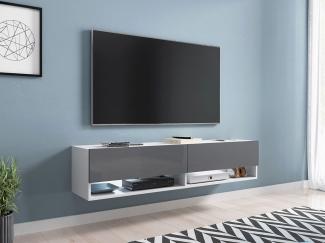 TV-Lowboard Jumbo 140, mit RGB LED Beleuchtung farbig, Farbe: Weiß / Grau Hochglanz
