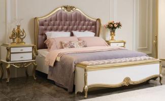 Casa Padrino Luxus Barock Schlafzimmer Set Lila / Rosa / Weiß / Gold - 1 Doppelbett mit Kopfteil & 2 Nachttische - Barock Schlafzimmer Möbel - Edel & Prunkvoll