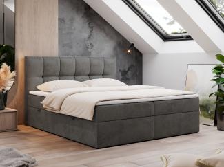 Boxspringbett mit Kopfteil und Topper, Doppelbett - RICO - 140x200cm - Dunkelgrau Velours - H4