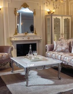 Casa Padrino Luxus Barock Couchtisch Weiß / Silber 129 x 93 x H. 44 cm - Rechteckiger Massivholz Wohnzimmertisch im Barockstil - Barock Wohnzimmer Möbel