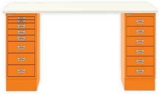 MultiDesk, 1 MultiDrawer mit 6 Schüben, 1 MultiDrawer mit 8 Schüben, Dekor Weiß, Farbe Orange, Maße: H 740 x B 1400 x T 600 mm