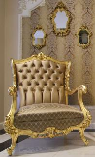 Casa Padrino Luxus Barock Ohrensessel Braun / Gold 85 x 80 x H. 113 cm - Prunkvoller Wohnzimmer Sessel mit edlem Satin Stoff - Edel & Prunkvoll