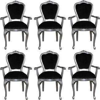 Casa Padrino Luxus Barock Esszimmer Set Schwarz / Silber 60 x 47 x H. 99 cm - 6 handgefertigte Esszimmerstühle mit Armlehnen - Barock Esszimmermöbel