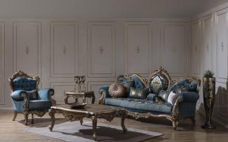 Casa Padrino Luxus Barock Wohnzimmer Set Blau / Gold - 2 Sofas & 2 Sessel & 1 Couchtisch - Prunkvolle Wohnzimmer Möbel im Barockstil