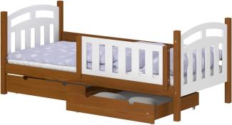 WNM Group Kinderbett mit Rausfallschutz Suzie - Jugenbett aus Massivholz - Bett mit 2 Schubladen für Mädchen und Jungen - Funktionsbett 160x80 cm - Braun