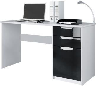 Vladon Schreibtisch Logan, Bürotisch mit 2 Schubladen und 1 Tür, Weiß matt/Schwarz Hochglanz (129 x 76 x 60 cm)
