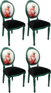 Casa Padrino Luxus Barock Esszimmer Set Flamingo mit Krone Grün / Schwarz / Mehrfarbig 48 x 50 x H. 98 cm - 4 handgefertigte Esszimmerstühle mit Bling Bling Glitzersteinen - Barock Esszimmermöbel