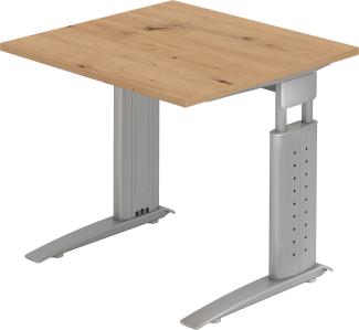 bümö® Schreibtisch U-Serie höhenverstellbar, Tischplatte 80 x 80 cm in Asteiche, Gestell in silbergrau