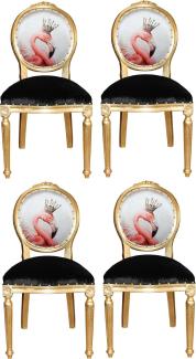 Casa Padrino Luxus Barock Esszimmer Set Flamingo mit Krone Gold / Schwarz / Mehrfarbig 48 x 50 x H. 98 cm - 4 handgefertigte Esszimmerstühle mit Bling Bling Glitzersteinen - Barock Esszimmermöbel