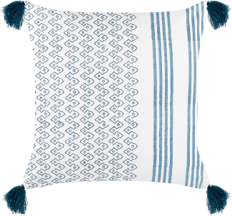 Dekokissen geometrisches Muster Baumwolle weiß blau mit Quasten 45 x 45 cm TILIA