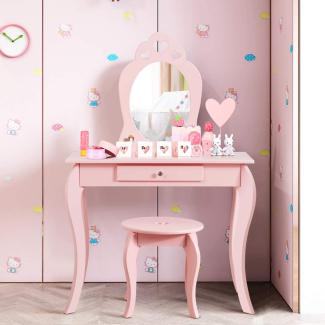 COSTWAY Kinder Schminktisch, Make-up Tisch mit Hocker und abnehmbarem Spiegel, Frisierkommode Holz, Maedchen Frisiertisch mit Schublade 70x34x105cm Pink