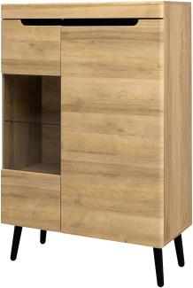 Merax Sideboard Küchenhighboards mit Glastüren 90×39.5×135cm Kommode Schrank Buffetschrank Moderner Wohnzimmerschrank mit Schubladen, natur