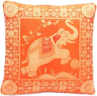 Handgewebter indischer Banarasi Seide Deko-Kissenbezug mit Extravaganten Elefant Design in Orange und mit Umrandung - 40 cm x 40 cm