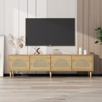 Merax Rustikaler TV-Schrank 180x40x51 cm - Mit 4 Rattantüren, Höhenverstellbaren Füßen und 4 Kabelmanagement-Löchern, Für bis zu 80 Zoll Fernseher, TV-Schränke, Lowboards, Eiche