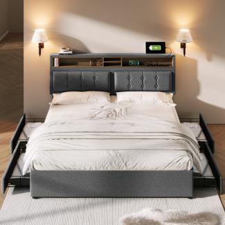 Merax Doppelbett mit 4 Schubladen& USB C Steckdose, Polsterbett 160x200cm, Höhenverstellbarem Kopfteil, Lattenrost aus Holz(Ohne Matratze) , Grau