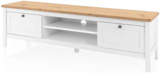 KHG TV-Bank 2 Schubladen Landhaus TV-Lowboard mit 2 offenen Fächern aus Holzwerkstoff weiß foliert, Deckplatte Holzoptik Asteiche foliert, silberne Metall-Griffe, 160 x 45 x 40 cm (B/H/T)