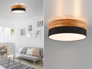 LED Deckenleuchte, Holzlampe mit Stoffschirm Schwarz Ø 50cm