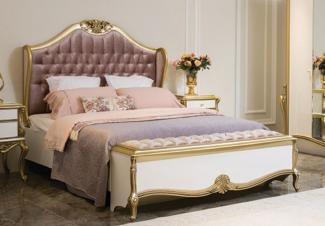 Casa Padrino Luxus Barock Doppelbett Lila / Rosa / Weiß / Gold 170 x 207 x H. 168 cm - Edles Massivholz Bett mit Kopfteil - Prunkvolle Schlafzimmer Möbel im Barockstil