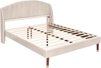 Merax Polsterbett 160x200 Ohrform Doppelbett aus Samt mit Kopfteil & Lattenrost Beige