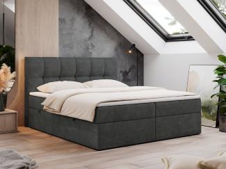 Boxspringbett mit Kopfteil und Topper, Doppelbett - RICO - 200x200cm - Dunkelgrau Stoff - H4