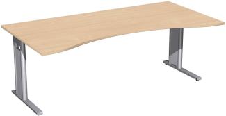 Schreibtisch, Ergonomieform, 200x100cm, Buche / Silber