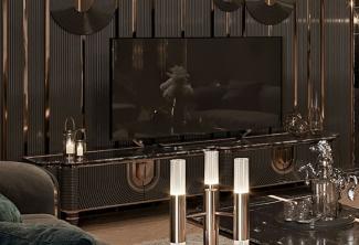 Casa Padrino Luxus TV Schrank Grau / Gold / Schwarz 250 x 52 x H. 50 cm - Massivholz Sideboard mit edler Kunstmarmor Platte - Wohnzimmer Möbel - Luxus Möbel - Luxus Einrichtung