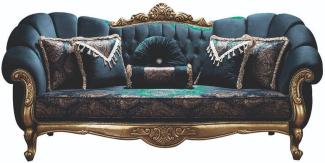 Casa Padrino Luxus Barock Sofa Blau / Gold 220 x 90 x H. 110 cm - Prunkvolles Wohnzimmer Sofa mit Glitzersteinen und dekorativen Kissen