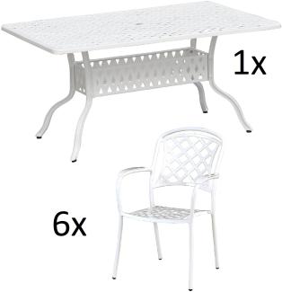 Inko 7-teilige Sitzgruppe Alu-Guss weiß Tisch 150x97x74 cm cm mit 6 Sesseln Tisch 150x97 cm mit 6x Sessel Capri