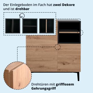 KHG Kommode klein mit 7 Fächern & 2 Drehtüren modern, aus Holzwerkstoff Holzoptik lackiert, Gestell & Akzente in schwarz - 80 x 90 x 42 cm (B/H/T)