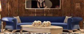 Casa Padrino Luxus Art Deco Sofa Blau / Gold - Gebogenes Wohnzimmer Sofa - Hotel Sofa - Luxus Art Deco Wohnzimmer & Hotel Möbel