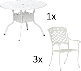 Inko 4-teilige Sitzgruppe Aluminium Guss weiß Tisch Ø 106 cm mit 3 Sesseln Tisch Ø106 cm mit 3x Sessel Urban