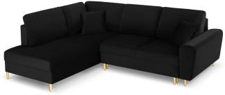 Micadoni 5-Sitzer Samtstoff Ecke links Sofa mit Bettfunktion und Box Moghan | Bezug Black | Beinfarbe Gold Metal