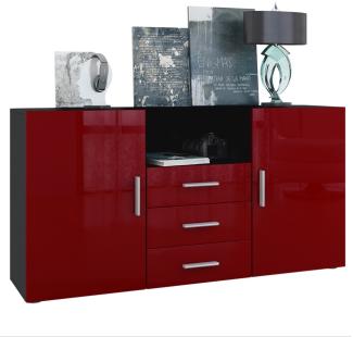 Vladon Sideboard Skadu, Kommode mit 2 Türen, 3 Schubladen und 1 offenem Fach, Schwarz matt/Bordeaux Hochglanz (138,5 x 71,5 x 35 cm)