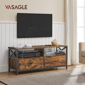 VASAGLE TV-Schrank, Fernsehtisch, Lowboard für Fernseher bis zu 55 Zoll, mit 2 Schubladen, 2 offenen Fächern, 120 x 40 x 50 cm, für Wohnzimmer, Stahlgestell, vintagebraun-schwarz
