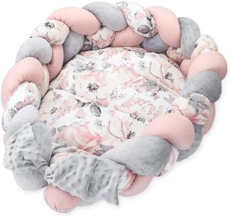 Babynest Neugeborene Nestchen Baby 75 x 45 cm – Minky Kuschelnest mit Zopf Kissen zerlegbares Set zweiseitig Babynestchen Babybett Wilde Rose Farbton B