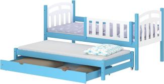 WNM Group Kinderbett Ausziehbar mit Rausfallschutz Suzie - aus Massivholz - Ausziehbett für Mädchen und Jungen - Bett mit Schublade - Funktionsbett 190x80 / 180x80 cm - Blau